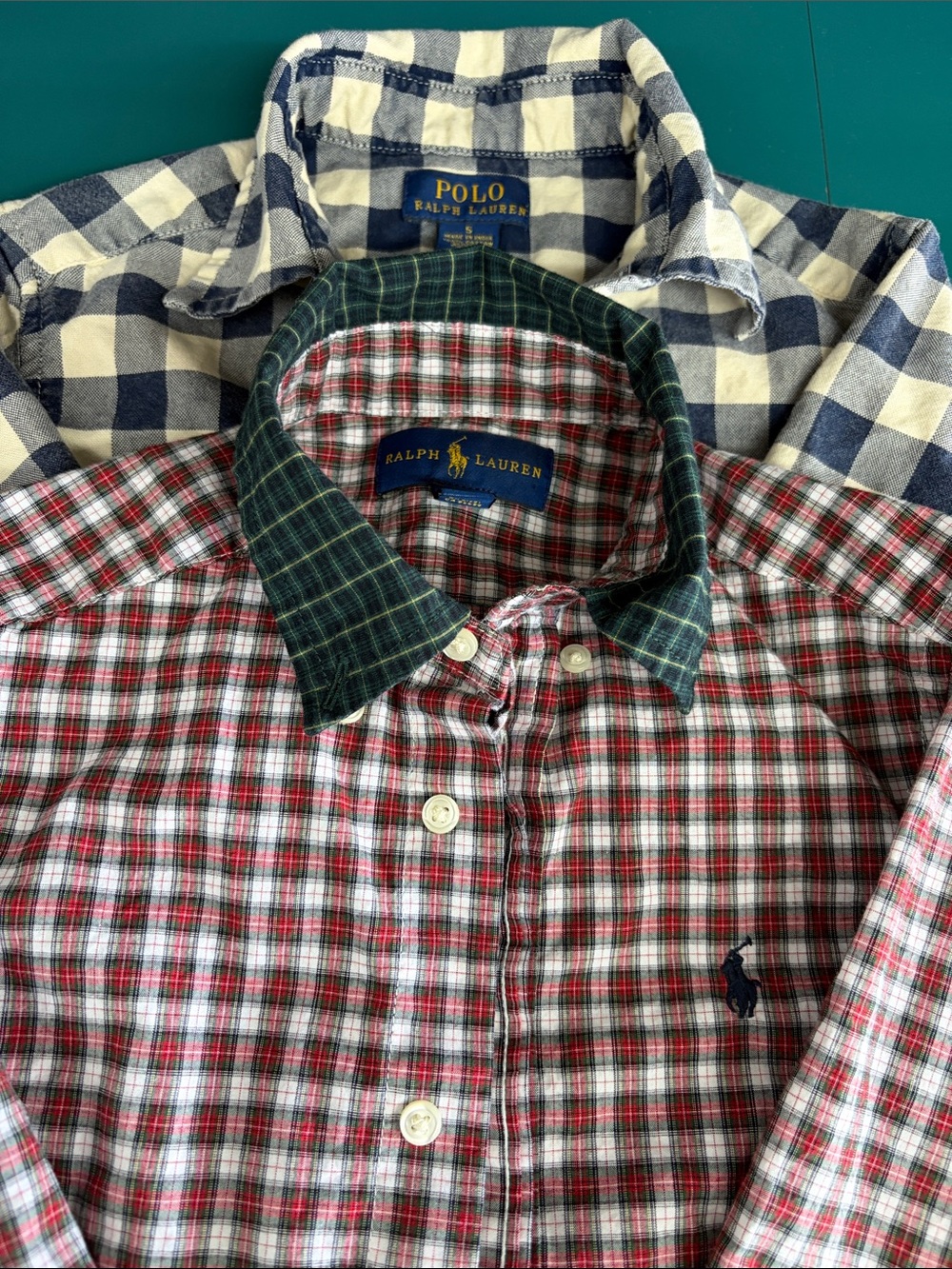 Ralph Lauren Red & White Plaid Button-Down with Green Contrast Collar